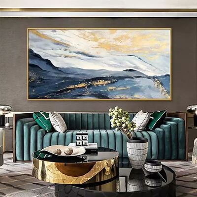 Modern Abstract Blue Gold Hand Painted Canvas Oil Landscape Painting with Customizable Size and Hand Applied Gold Leaf